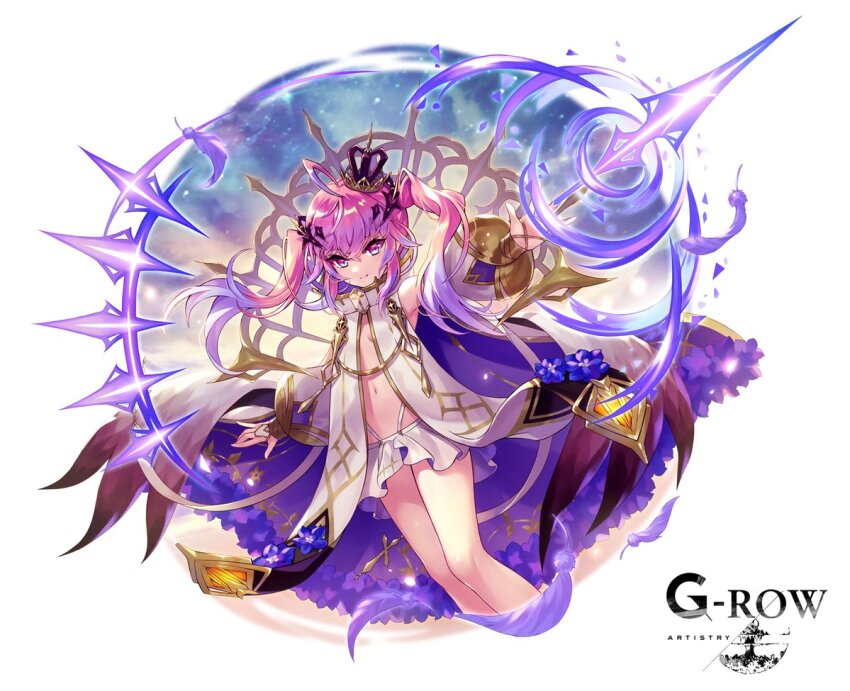 1girl, aqua_eyes, arrow_(projectile), closed_mouth, crown, detached_sleeves, failnaught_(phantom_of_the_kill), feet_out_of_frame, loli, looking_at_viewer, midriff, mikan_ame_(gumi), off_shoulder, official_alternate_costume, official_art, outstretched_arm, phantom_of_the_kill, pink_eyes, pink_hair, simple_background, skirt, smile, solo, straight-on, two_side_up, white_background, white_skirt