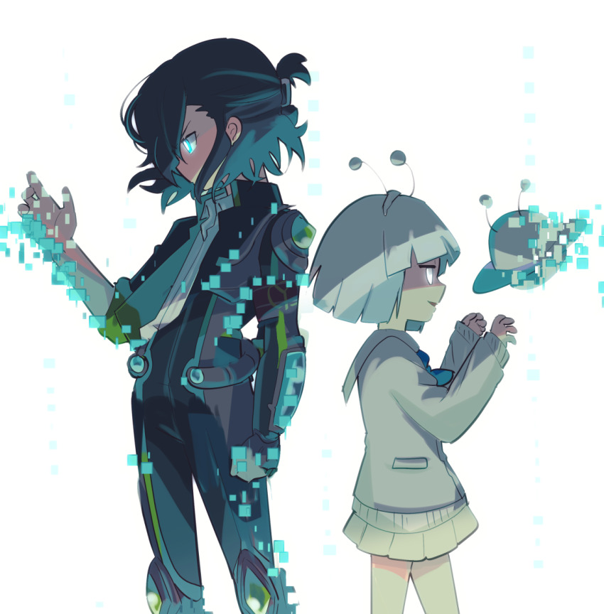 1boy, 1girl, age_difference, back-to-back, black_pants, bob_cut, cowboy_shot, digital_dissolve, dissolving, floating, floating_object, glowing, glowing_eyes, half_updo, hand_up, hands_up, height_difference, kirigakure_ranto, kuruhoshi_nayu, looking_at_hand, looking_at_object, mersey, pants, pleated_skirt, simple_background, skirt, white_background, white_skirt, youkai_watch