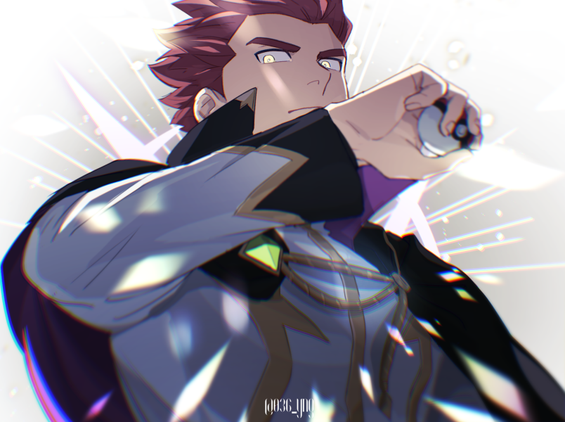 1boy, closed_mouth, commentary_request, hand_up, holding, holding_poke_ball, jacket, lance_(arc_suit)_(pokemon)