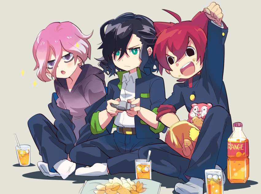 3boys, ahoge, animal, animal_on_lap, aqua_eyes, arm_up, asymmetrical_sleeves, belt