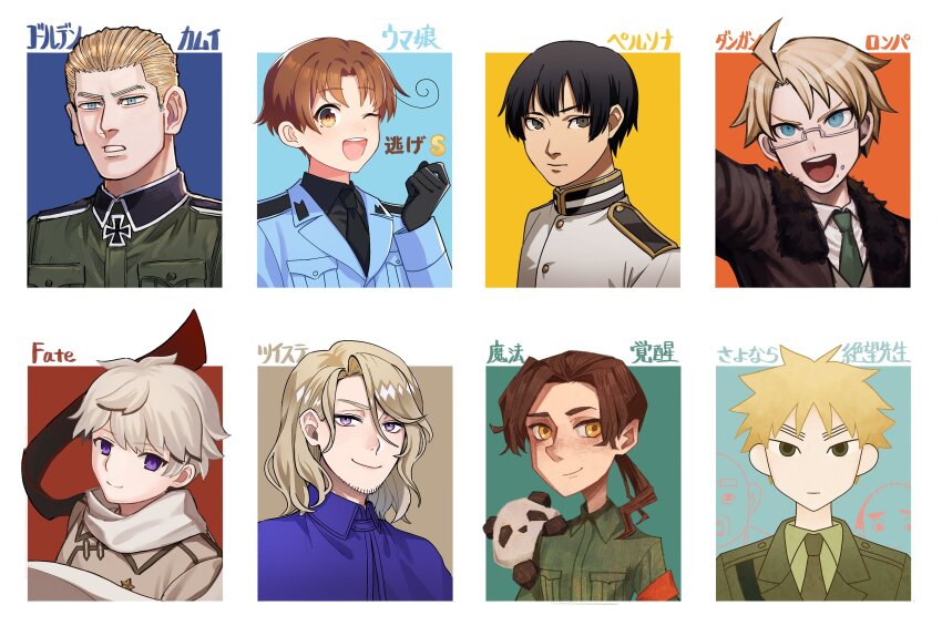 6+boys, ahoge, america_(hetalia), animal, animal_on_shoulder, axis_powers_hetalia, black_gloves, black_hair