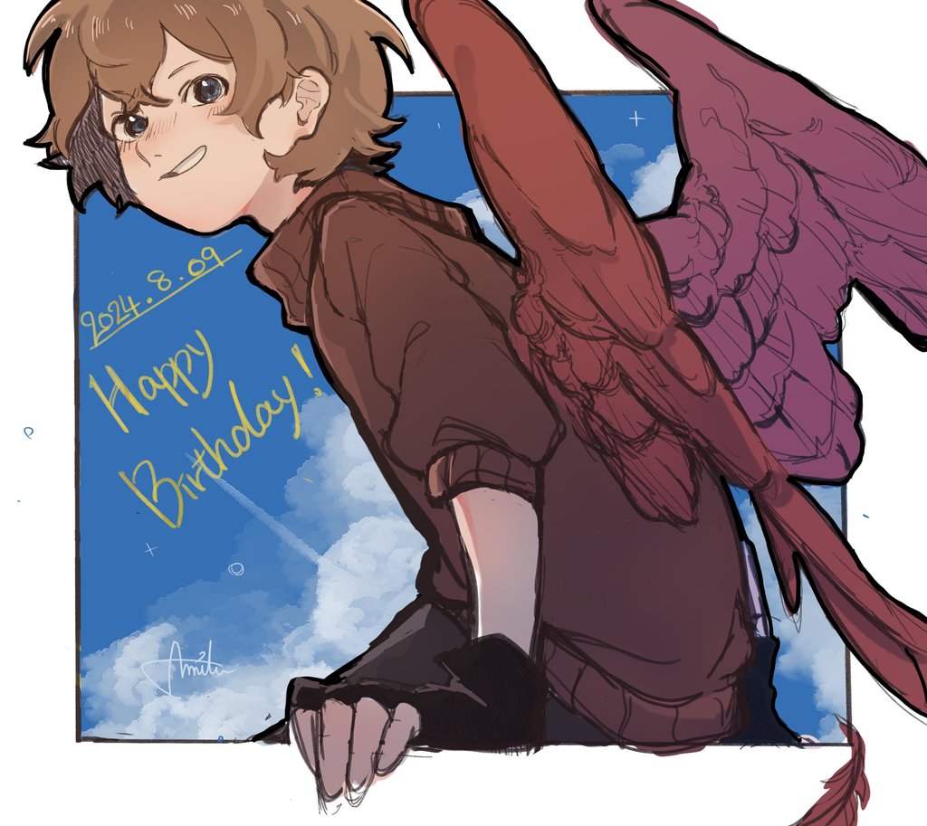 1boy, animification, anmitsu_(anmitsu40919780), bird_boy, bird_wings, birthday, black_gloves, blue_sky, border, brown_hair, cloud, commentary, english_commentary, english_text, fingerless_gloves, gloves, grian_(youtuber), happy_birthday, hermitcraft, light_brown_hair, long_sleeves, looking_at_viewer, male_focus, minecraft_youtube, outside_border, red_sweater, red_wings, short_hair, signature, sketch, sky, smile, solo, sweater, white_border, wings