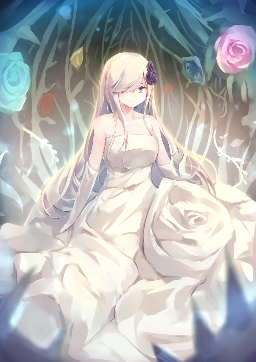 1girl, absurdres, dress, duel_monster, elbow_gloves, flower, garden_rose_maiden, gloves, grey_eyes, grey_hair, hair_over_one_eye, highres, kanzakietc, looking_at_viewer, rose, sitting, sleeveless, sleeveless_dress, smile, solo, strapless, strapless_dress, thorns, white_dress, yu-gi-oh!