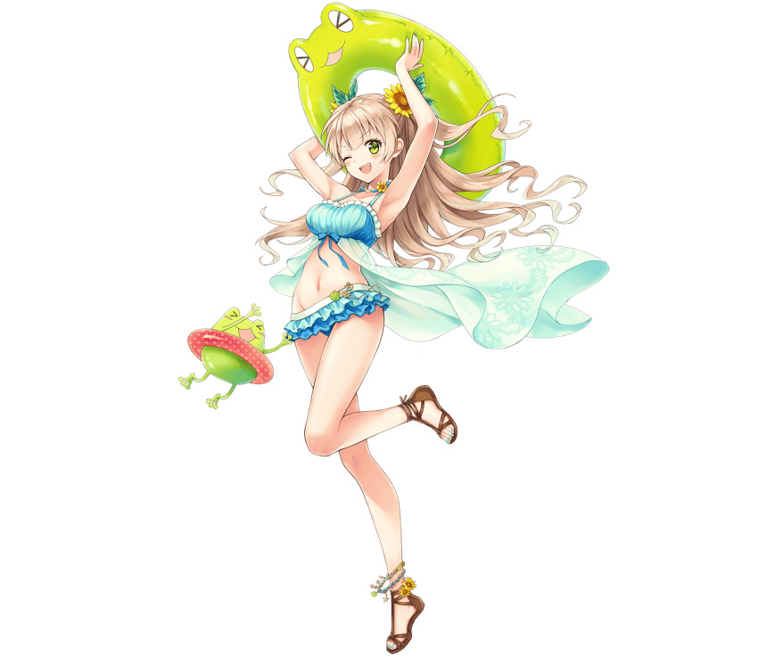 1girl, ;d, aqua_bikini, aqua_nails, arms_up, bikini, blonde_hair, crossed_bangs, flower, frog, full_body, green_eyes, hair_flower, hair_ornament, highres, holding, holding_swim_ring, innertube, ithuriel, jewelry, long_hair, looking_at_viewer, mai.e, necklace, no_socks, official_alternate_costume, official_art, one_eye_closed, open_mouth, phantom_of_the_kill, sandals, simple_background, smile, solo, standing, standing_on_one_leg, sunflower, swim_ring, swimsuit, teeth, transparent_background, two_side_up, upper_teeth_only