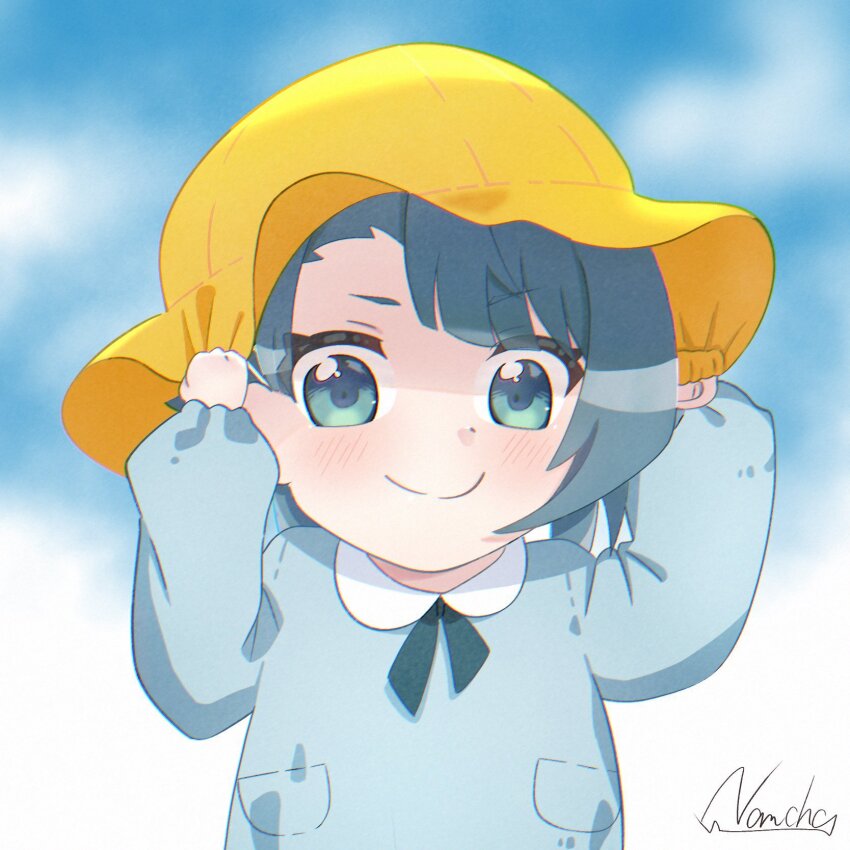 1girl, aged_down, aizawa_kazuha, artist_name, assault_lily, asymmetrical_hair, black_ribbon, blue_eyes, blue_shirt, blue_sky, blush, child, closed_mouth, cloud, commentary_request, hair_ornament, hairclip, hands_on_headwear, hands_up, hat, highres, kindergarten_uniform, long_sleeves, namcho, neck_ribbon, official_alternate_costume, pocket, ribbon, school_hat, shirt, short_hair, sky, smile, solo, upper_body, yellow_hat