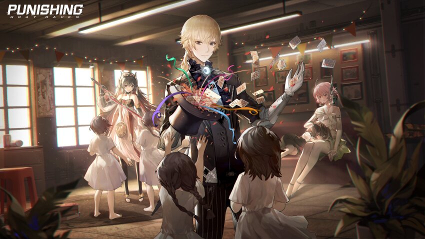 absurdres, confetti, hat, highres, holding, holding_sword, holding_weapon, indoors, lee:_entropy_(illusionist)_(pgr), lee:_entropy_(pgr), lee_(pgr), liv:_lux_(lingering_fragrance)_(pgr), liv_(pgr), lucia:_plume_(eventide_glow)_(pgr), lucia:_plume_(pgr), lucia_(pgr), magic, magician, official_alternate_costume, official_art, punishing:_gray_raven, sword, top_hat, weapon