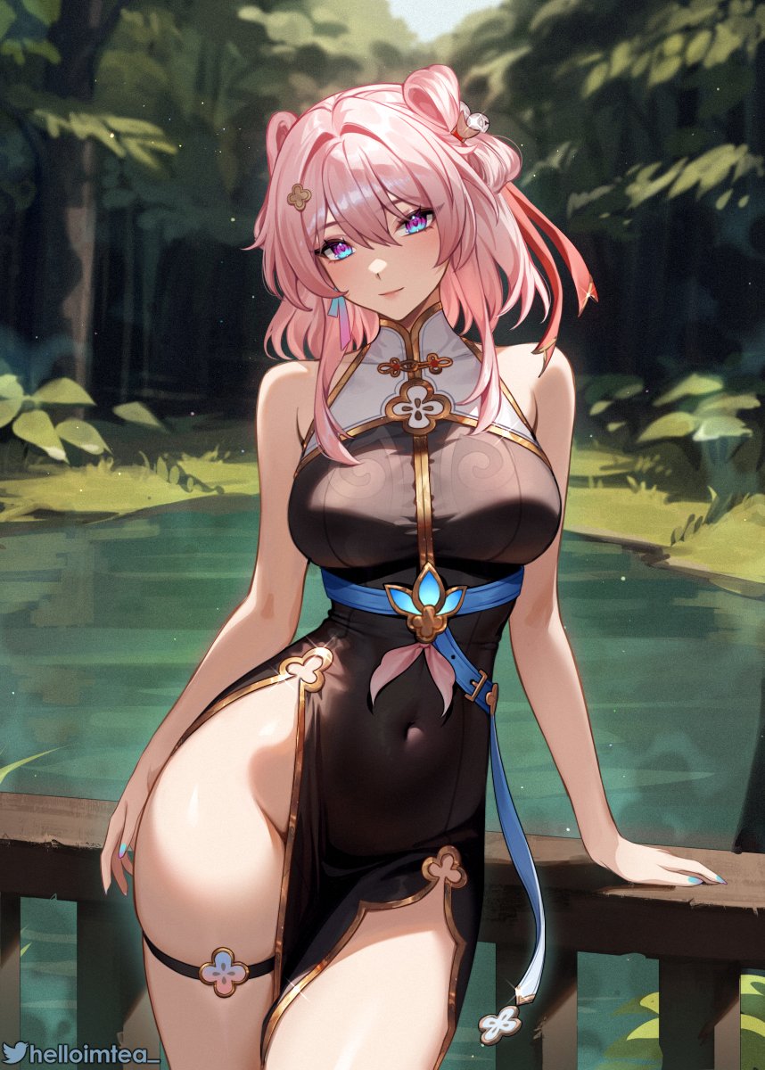 1girl, arm_support, bare_arms, bare_shoulders, bell, black_dress, blue_eyes, blue_nails