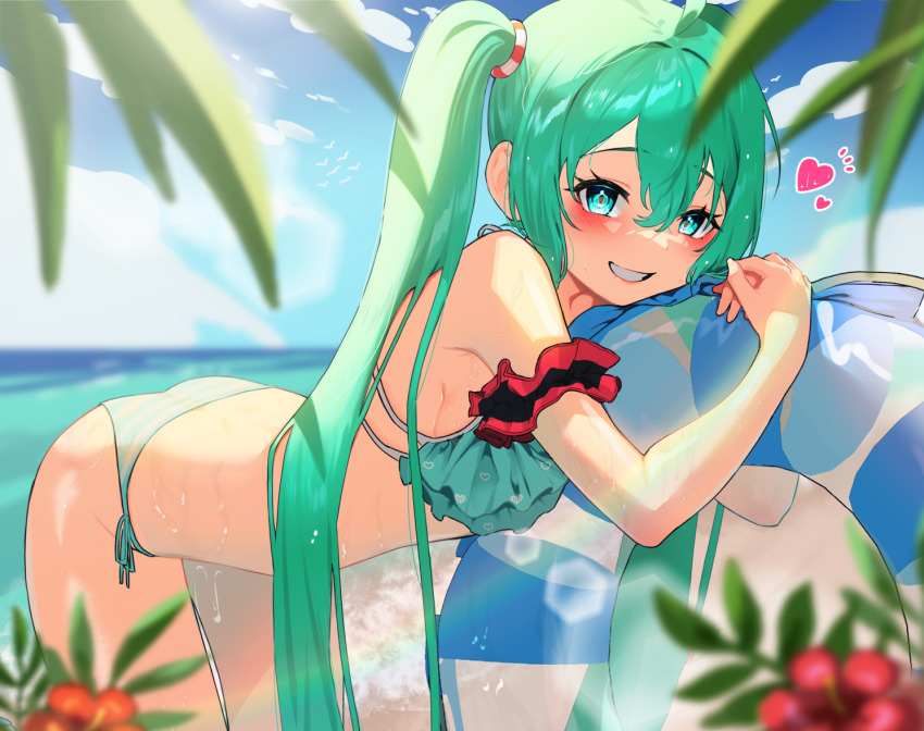 1girl, ahoge, aqua_bikini, aqua_eyes, aqua_hair, arm_scrunchie, bare_shoulders, beach