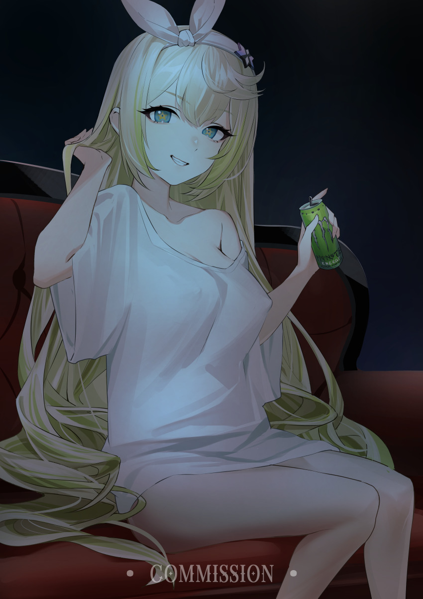 1girl, absurdres, blonde_hair, bottomless, breasts, can, commission, couch, covered_erect_nipples, girls'_frontline, girls'_frontline_2:_exilium, gwendolynstore, hair_ornament, hairband, hand_in_own_hair, highres, holding, holding_can, long_hair, monster_energy, naked_shirt, on_couch, sharkry_(girls'_frontline_2), shirt, sitting, smile, solo, symbol-shaped_pupils, t-shirt, white_hairband, white_shirt