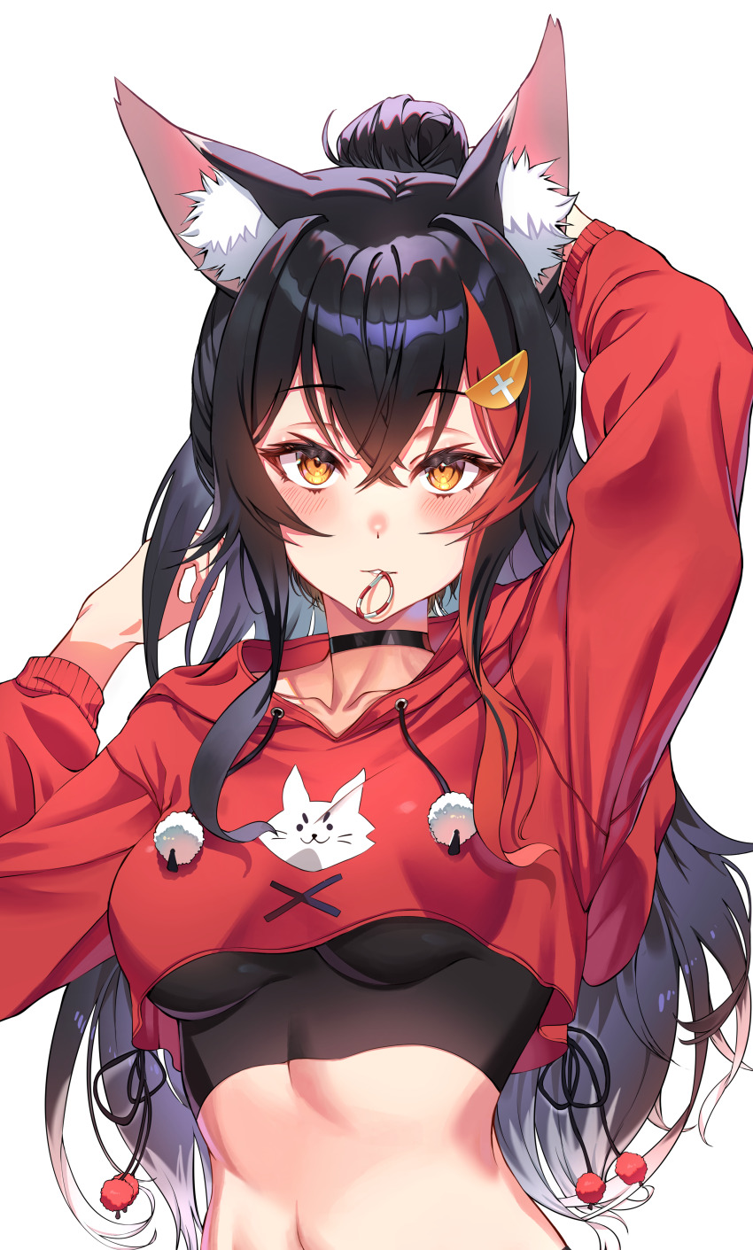 1girl, absurdres, adjusting_hair, alternate_costume, animal_ear_fluff, animal_ears, arm_up, black_choker