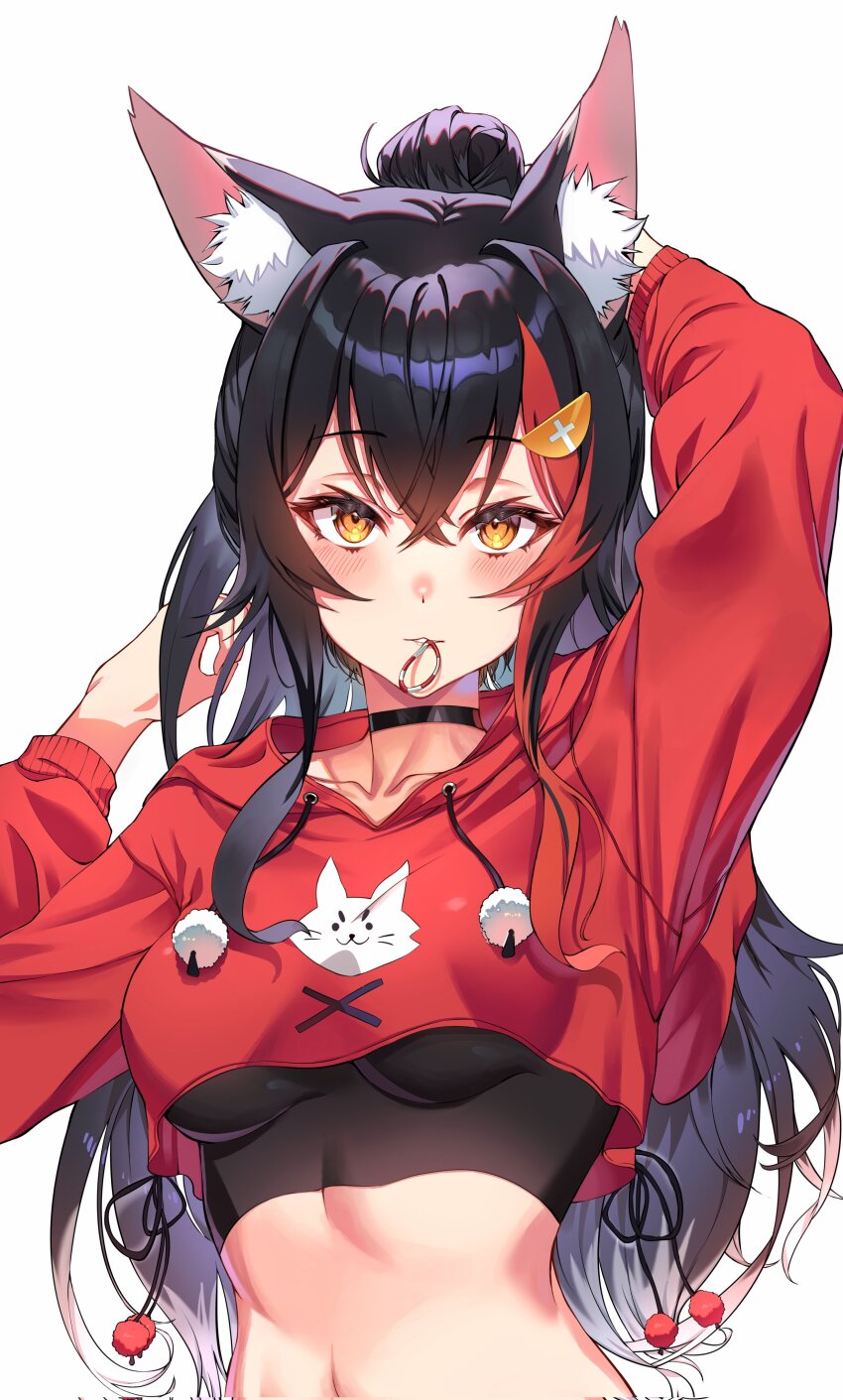 1girl, absurdres, animal_ears, black_choker, black_hair, blush, breasts, choker, cropped_hoodie, hairband, highres, hololive, hood, hoodie, koaen0024, long_hair, looking_at_viewer, midriff, multicolored_hair, ookami_mio, red_hair, red_hoodie, simple_background, solo, two-tone_hair, virtual_youtuber, white_background, wolf_ears, wolf_girl, yellow_eyes