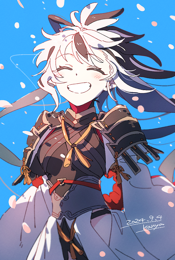 1girl, armor, black_hair, blue_background, closed_eyes, dated, detached_sleeves, fate/grand_order