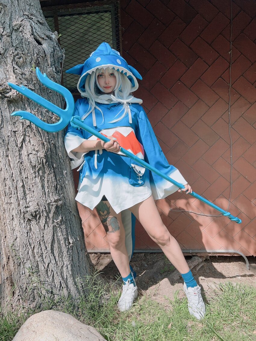 1girl, animal_hood, arelly_trujillo, arm_at_side, blue_eyes, blue_hair, blue_hoodie, blue_socks