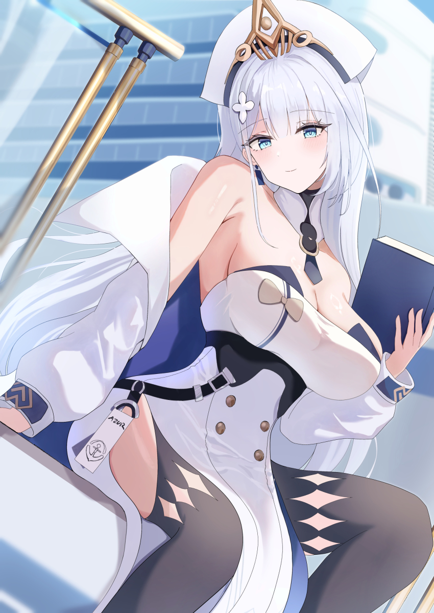 1girl, absurdres, azur_lane, blue_eyes, book, breasts, cleavage, coat