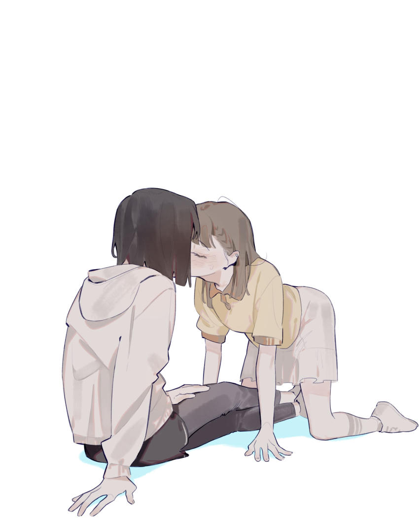 2girls, all_fours, black_leggings, black_shorts, braid, brown_hair, center-flap_bangs, closed_eyes