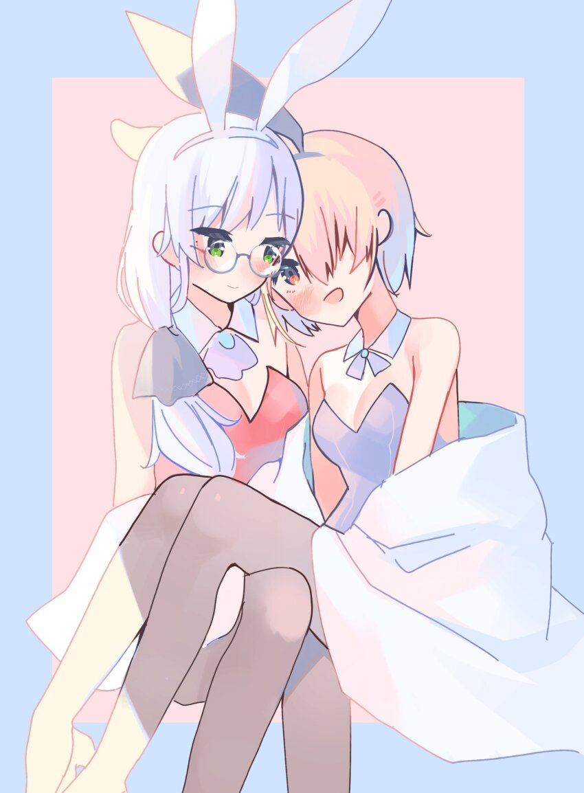 10_(sei), 2girls, absurdres, animal_ears, blonde_hair, detached_collar, glasses, green_eyes