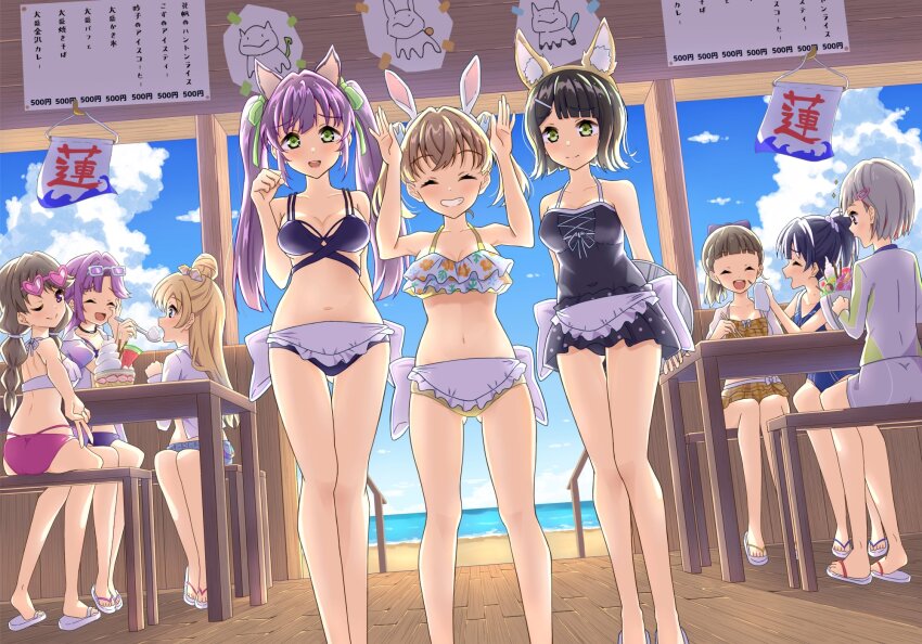 6+girls, :d, ;), ^_^, animal_ear_hairband, animal_ears, anyoji_hime, anyoji_hime_(swimsuit)