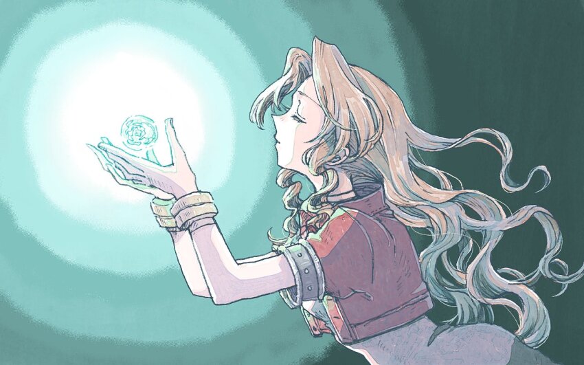 1girl, aerith_gainsborough, bangle, bracelet, breasts, brown_hair, choker, closed_eyes, cropped_jacket, dress, final_fantasy, final_fantasy_vii, green_background, jacket, jewelry, long_hair, materia, medium_breasts, michibata_65, own_hands_together, parted_bangs, pink_dress, puffy_short_sleeves, puffy_sleeves, red_jacket, ribbon_choker, short_sleeves, sidelocks, solo, upper_body, wavy_hair