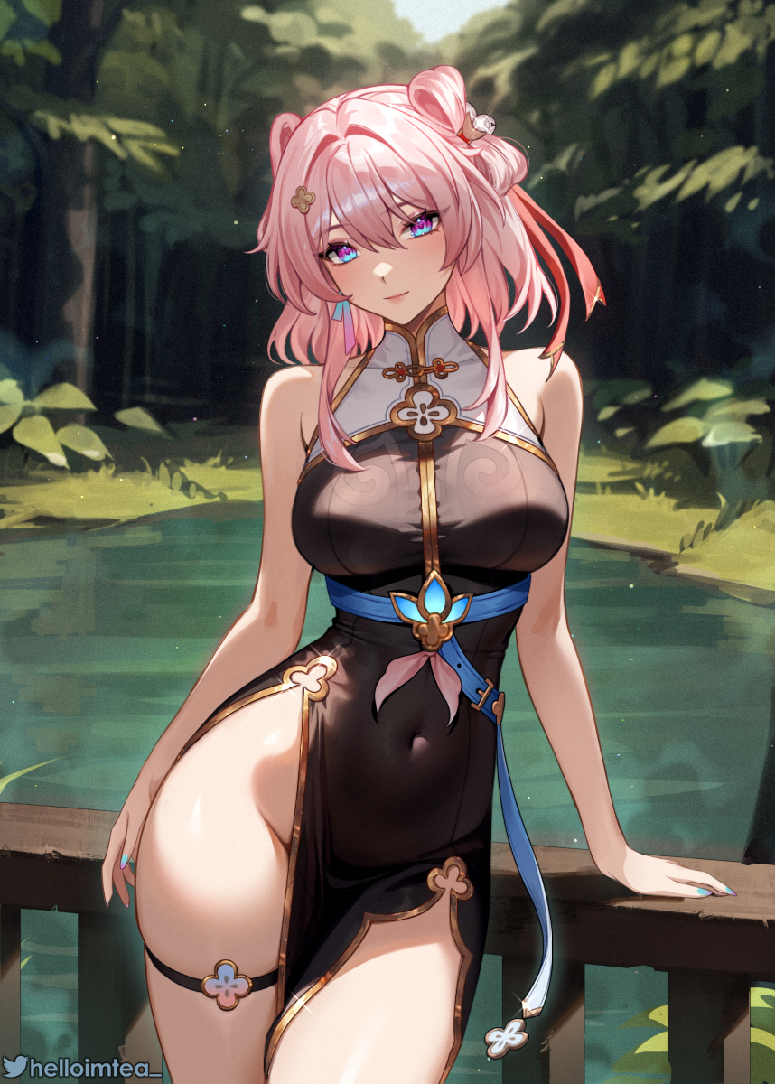 1girl, arm_support, bare_arms, bare_shoulders, bell, black_dress, blue_eyes, blue_nails