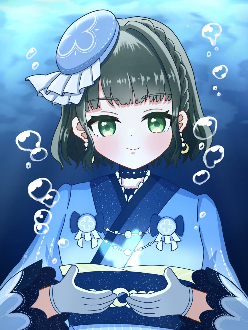 1girl, air_bubble, beret, black_hair, blue_hat, blue_kimono, blunt_bangs, blush