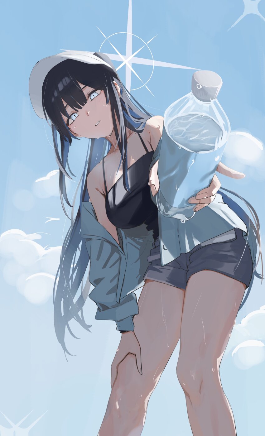 1girl, absurdres, aqua_jacket, baseball_cap, bent_over, black_camisole, blue_archive, blue_halo