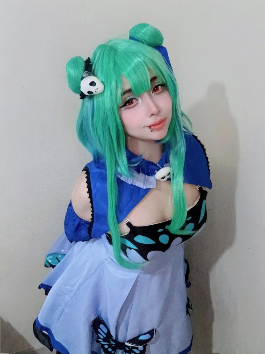 1girl, arelly_trujillo, arms_behind_back, blue_collar, blue_dress, blue_sleeves, breasts, closed_mouth