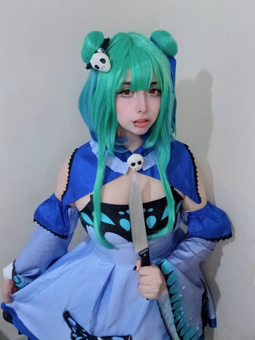 1girl, arelly_trujillo, arm_at_side, blue_collar, blue_dress, blue_sleeves, breasts, collar