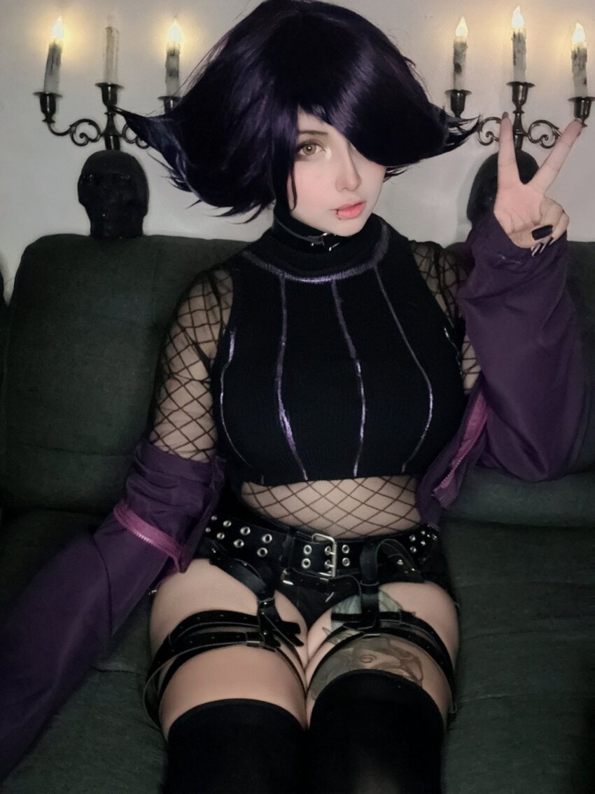 1girl, arelly_trujillo, arm_at_side, belt, black_nails, black_shirt, black_shorts, black_thighhighs