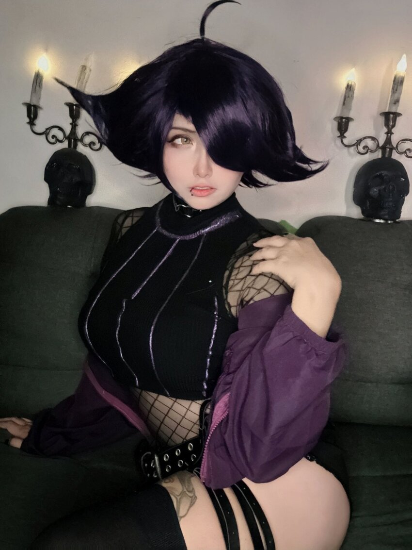 1girl, arelly_trujillo, arm_support, belt, black_nails, black_shirt, black_shorts, black_thighhighs