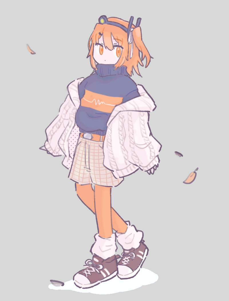 1girl, a.i._voice, adachi_rei, adapted_costume, aran_sweater, arms_at_sides, autumn_leaves, belt