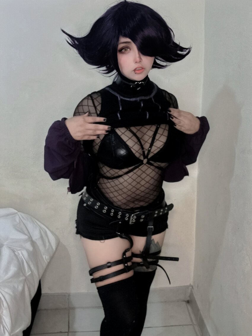 1girl, arelly_trujillo, belt, bikini, black_bikini, black_choker, black_nails, black_shirt