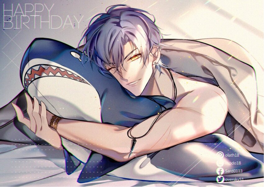 1boy, bead_bracelet, beads, bracelet, curtained_hair, grey_hair, happy_birthday, holding
