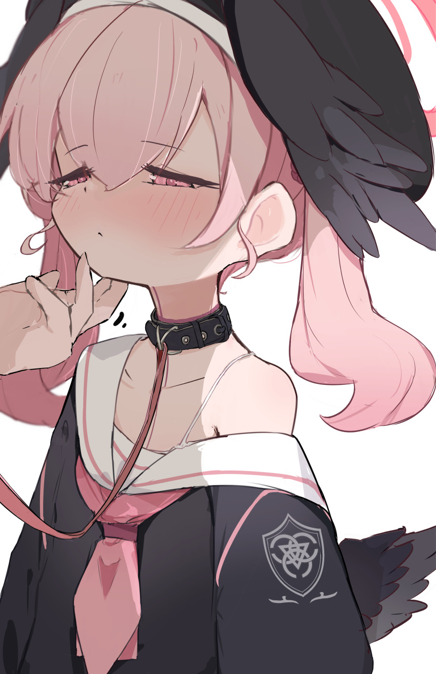 1girl, absurdres, beret, black_collar, black_hat, black_serafuku, black_wings, blue_archive