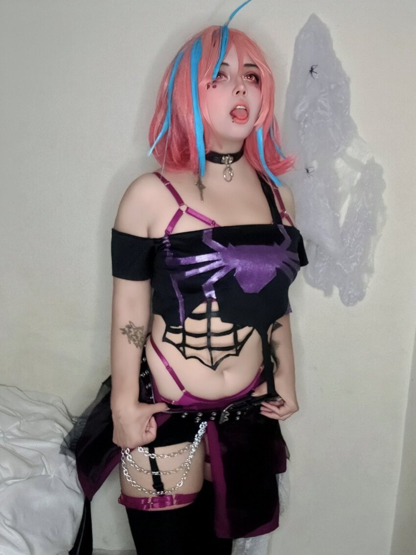 1girl, arelly_trujillo, arm_tattoo, bare_shoulders, black_choker, black_shirt, black_shorts, black_thighhighs