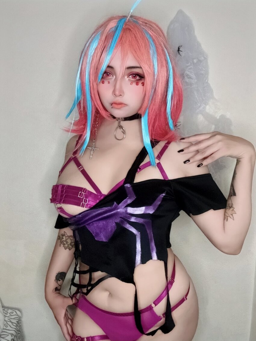 1girl, arelly_trujillo, arm_tattoo, bare_shoulders, black_choker, black_nails, black_shirt, blue_hair, bra, bra_strap, breasts, choker, closed_mouth, clothes_pull, cosplay, cosplay_photo, cowboy_shot, cropped_shirt, earrings, emikukis_(vtuber), emikukis_(vtuber)_(cosplay), expressionless, face_piercing, facial_mark, female_focus, fingernails, hand_on_own_hip, hand_up, highres, indie_virtual_youtuber, jewelry, lip_piercing, lips, medium_breasts, multicolored_hair, nail_polish, off-shoulder_shirt, off_shoulder, panties, photo_(medium), piercing, pink_hair, purple_bra, purple_panties, purple_shirt, real_life, red_eyes, shirt, shirt_pull, solo, standing, streaked_hair, tattoo, two-tone_hair, two-tone_shirt, underwear, virtual_youtuber