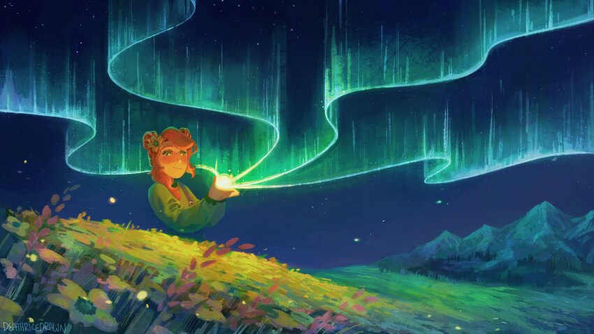 1girl, aurora, blue_sky, blush, commentary, commission, deathricedrawn, double_bun, english_commentary, field, fireflies, flower, geminitay, grass, green_eyes, green_sweater, hair_bun, hermitcraft, highres, long_hair, long_sleeves, minecraft_youtube, mountain, nature, night, official_art, orange_hair, outdoors, overalls, painterly, scenery, signature, sky, smile, solo, sweater