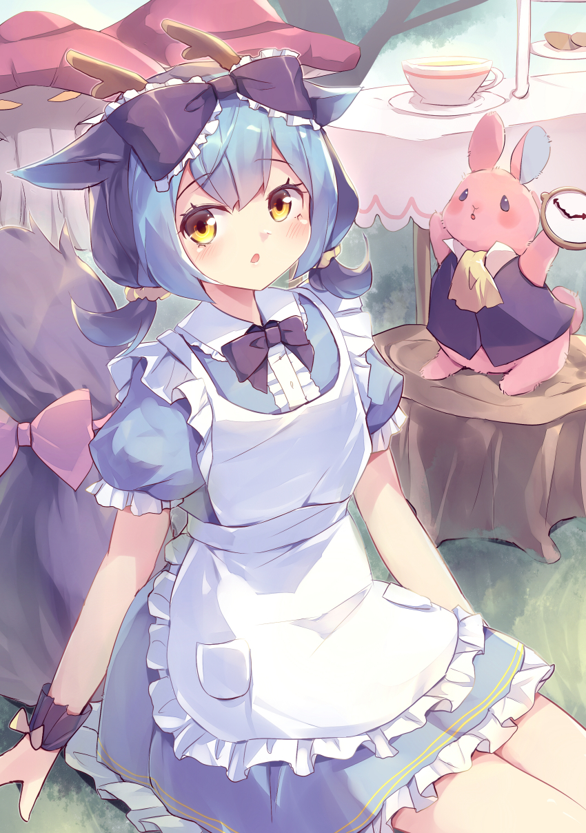 1girl, absurdres, alice_(alice_in_wonderland), alice_(alice_in_wonderland)_(cosplay), alice's_adventures_in_wonderland, apron, blue_dress, cosplay, dragon_girl, dragon_horns, dragon_tail, dress, duel_monster, hair_ribbon, highres, horns, kanzakietc, laundry_dragonmaid, looking_at_viewer, melffy_rabby, mushroom_man, ribbon, solo_focus, tail, tree_stump, white_rabbit_(alice_in_wonderland), white_rabbit_(alice_in_wonderland)_(cosplay), yu-gi-oh!