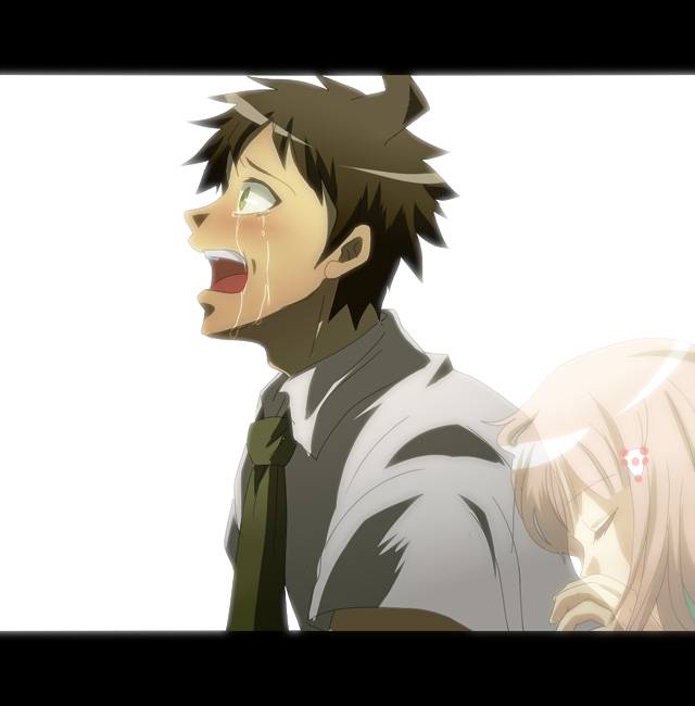1boy, 1girl, ahoge, black_background, blush, brown_hair, crying, danganronpa_(series), danganronpa_2:_goodbye_despair, from_side, ghost, green_necktie, hair_ornament, hinata_hajime, ingaouhou, nanami_chiaki, necktie, open_mouth, short_hair, short_sleeves, simple_background, tears, teeth, triangle_hair_ornament, upper_body, white_background