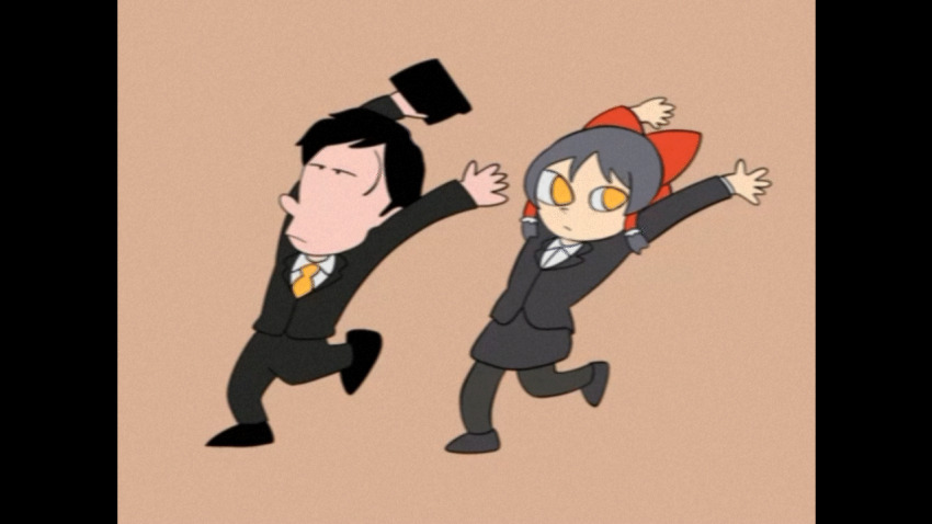 1960s_(style), 1boy, 1girl, animated, animated_gif, arms_up, black_footwear, black_pants, black_pantyhose, black_skirt, blazer, bow, brown_background, chinese_commentary, closed_mouth, commentary_request, cookie_(touhou), dahaoli, expressionless, full_body, hai_yorokonde, hair_bow, hair_tubes, hakurei_reimu, jacket, long_sleeves, looking_at_viewer, looping_animation, necktie, office_lady, oldschool, pants, pantyhose, pillarboxed, red_bow, retro_artstyle, salaryman, sananana_(cookie), shirt, shoes, short_hair, simple_background, skirt, touhou, white_shirt, yellow_eyes, yellow_necktie