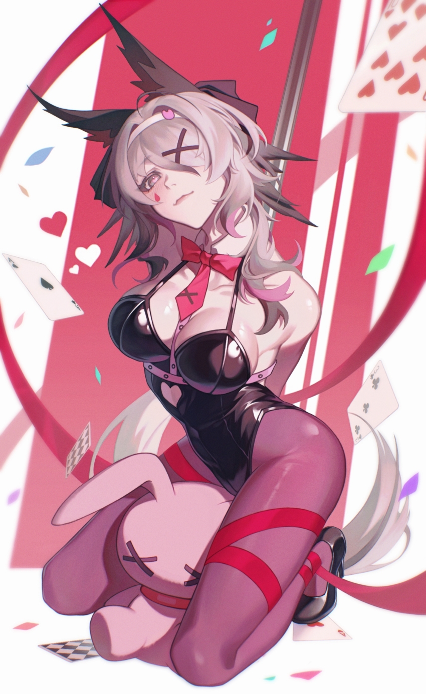 1girl, ace_(playing_card), ace_of_hearts, animal_ears, arknights, arms_behind_back, bare_shoulders, bird_ears, black_dress, black_leotard, black_pantyhose, bound, bound_arms, bow, bowtie, breasts, card, closed_mouth, clothing_cutout, cutout_above_navel, detached_collar, dress, facial_mark, grey_eyes, grey_hair, hair_intakes, hair_ornament, hair_over_one_eye, hairband, heart, heart_cutout, highres, koshelna_(arknights), leg_ribbon, leotard, long_hair, looking_at_viewer, multicolored_hair, one_eye_covered, pantyhose, pink_pupils, playboy_bunny, playing_card, pole, rabbit_hole_(vocaloid), red_bow, red_bowtie, ribbon, sitting, smile, solo, stripper_pole, stuffed_animal, stuffed_rabbit, stuffed_toy, teardrop_facial_mark, white_hairband, x_hair_ornament, yi_zhi_qiu_qiu_qiu