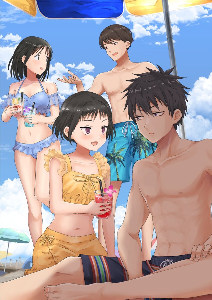 2boys, 2girls, :d, :p, bags_under_eyes, barefoot, beach, beach_umbrella