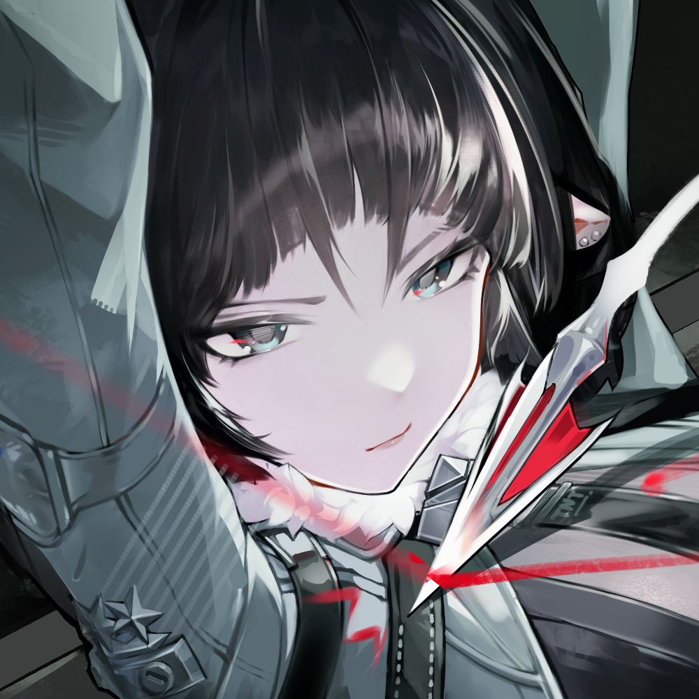 1girl, animal_ears, black_hair, blunt_bangs, close-up, closed_mouth, fur-trimmed_jacket, fur_trim, green_eyes, green_jacket, heishanlong, indoors, jacket, jane_doe_(zenless_zone_zero), looking_at_viewer, mouse_ears, mouse_girl, mouse_tail, serious, sidelocks, solo, tail, zenless_zone_zero