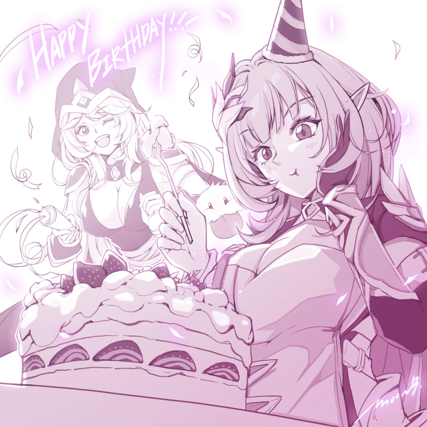 2girls, ashe_(league_of_legends), birthday_cake, black_gloves, breasts, cake, cleavage, confetti