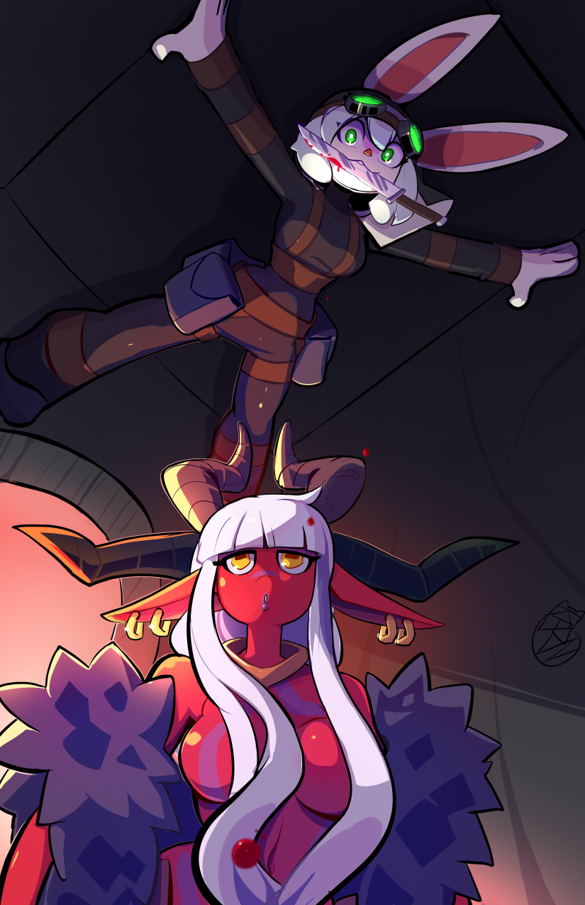 2girls, animal_ears, baphomet_(niking), blood, colored_skin, demon_girl, demon_horns, drowtales_(artist)