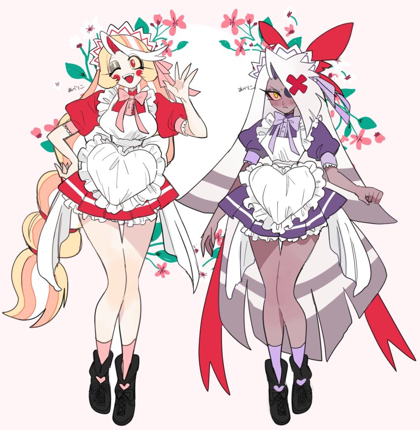2girls, :<, abe_riko, apron, blonde_hair, blush, charlie_morningstar, circle_facial_mark, colored_inner_hair, colored_sclera, colored_skin, demon_girl, facial_mark, fang, grey_hair, grey_skin, hair_over_one_eye, hazbin_hotel, heart_apron, hellaverse, highres, long_hair, maid, maid_apron, maid_headdress, multi-tied_hair, multicolored_hair, multiple_girls, pink_sclera, red_hair, vaggie, very_long_hair, waving, white_hair, white_skin, yellow_sclera