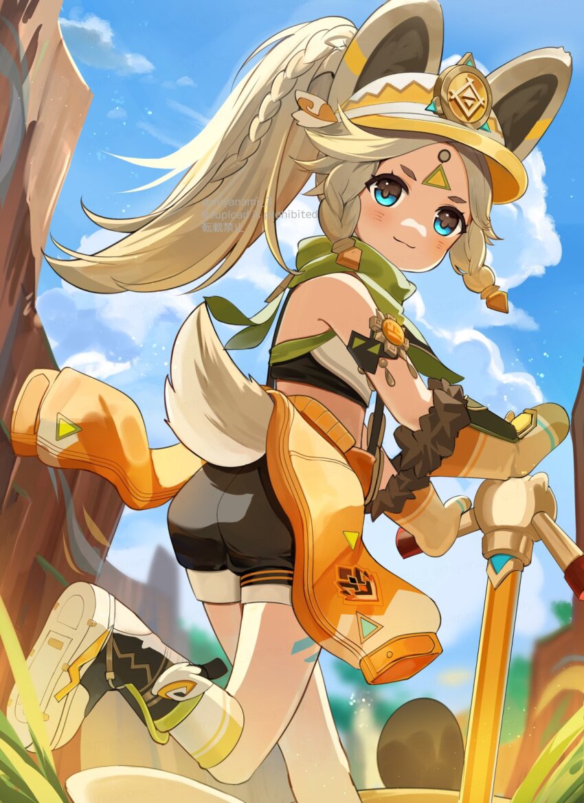 1girl, animal_ears, blue_eyes, blurry, blurry_background, blush, boots, braid, brown_hair, commentary_request, genshin_impact, gloves, grass, hat, highres, kachina_(genshin_impact), leg_up, looking_at_viewer, miyanami_3, mountain, ponytail, scarf, sky, smile, solo, tail