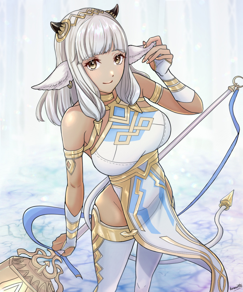 1girl, animal_ears, ash_(fire_emblem), bare_shoulders, black_horns, blunt_bangs, breasts, brown_eyes, closed_mouth, commentary_request, cow_ears, cow_girl, cow_horns, cow_tail, dark-skinned_female, dark_skin, fire_emblem, fire_emblem_heroes, gold_trim, grey_hair, hair_ornament, highres, holding, holding_polearm, holding_weapon, horns, kousetu0506, large_breasts, long_hair, looking_at_viewer, nintendo, no_panties, pelvic_curtain, polearm, smile, solo, tail, weapon