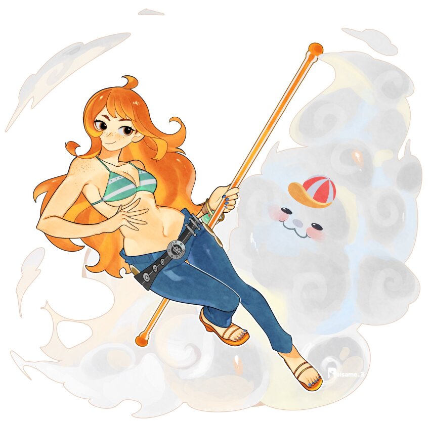 1girl, 1other, :3, artist_name, bangle, belt, belt_buckle, bikini, bikini_top_only, blue_nails, body_freckles, bracelet, buckle, clima-tact, closed_mouth, cloud, collarbone, commentary, denim, freckles, full_body, green_bikini, hat, high_heel_sandals, high_heels, highres, holding, holding_staff, jeans, jewelry, log_pose, long_hair, looking_to_the_side, nami_(one_piece), nami_(one_piece)_(return_to_sabaody), official_alternate_costume, one_piece, orange_hair, orange_sandals, pants, reisame, sandals, smile, solo, staff, striped-bikini, swimsuit, zeus_(one_piece)