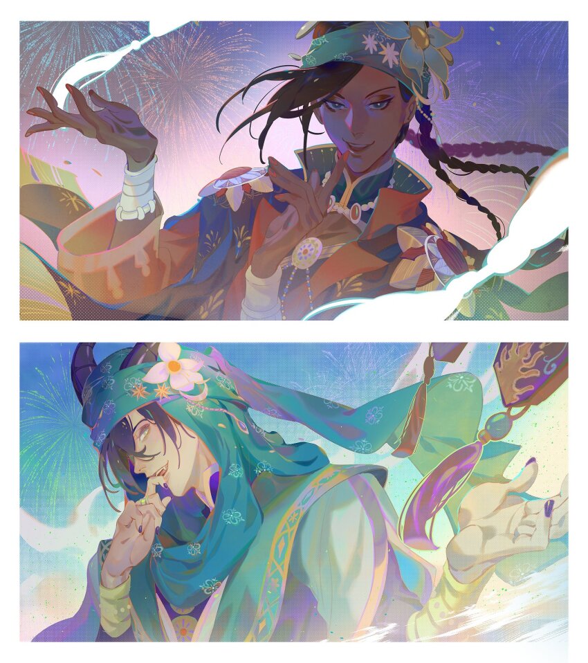 2boys, arabian_clothes, brown_hair, dark-skinned_male, dark_skin, dragon_boy, dragon_horns, fireworks