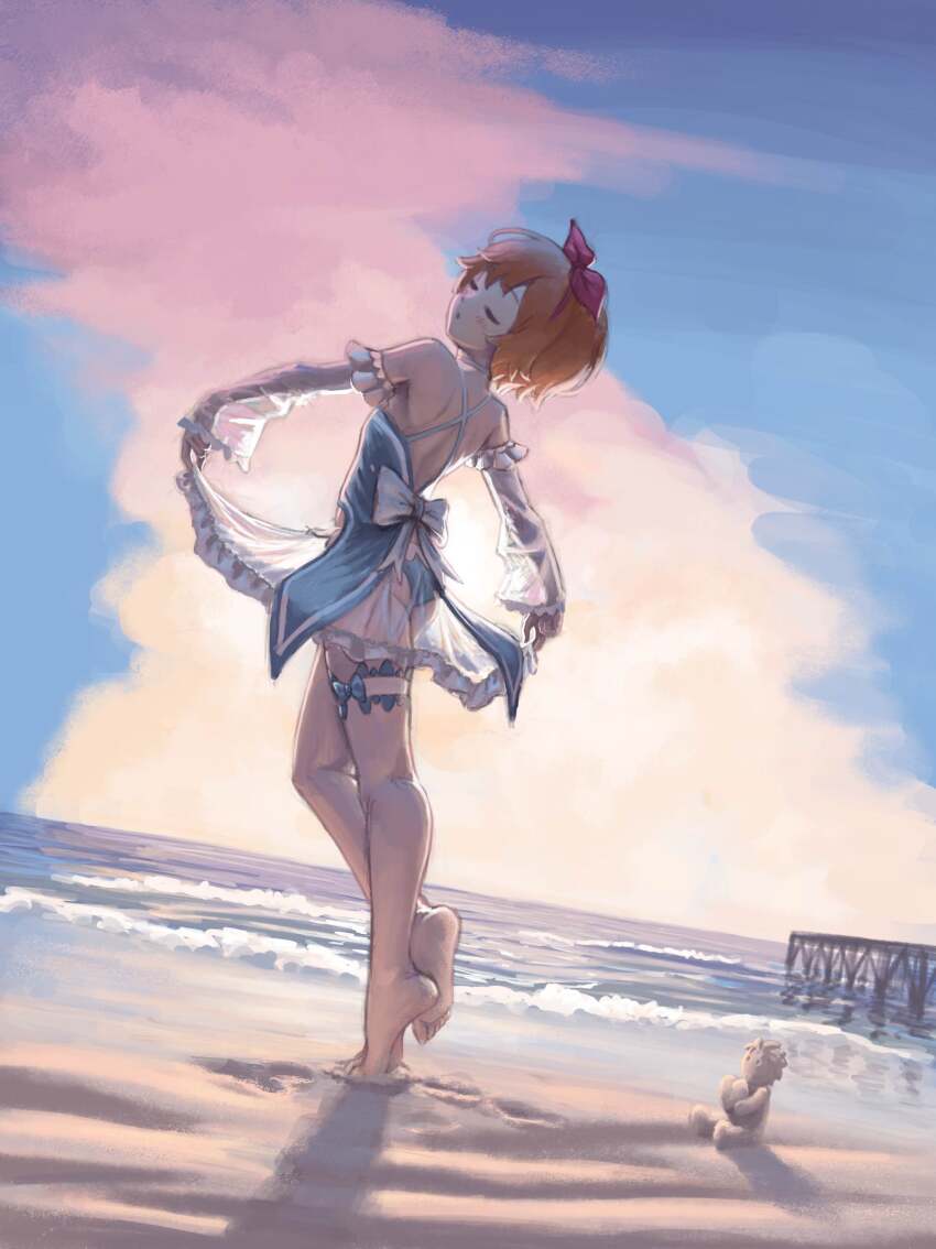 1girl, absurdres, barusuthegoat, beach, blush, bridge, closed_eyes, cloud